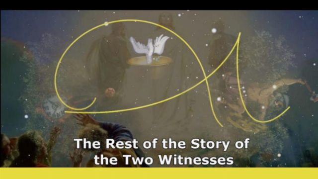 A celestial themed graphic features hands reaching toward a glowing heavenly body, depicted amid mystical yellow swirls possibly reminiscent of the Mazzaroth. Below, a diverse group of people gaze upward, with the title &ldquo;The Rest of the Story of the Two Witnesses&rdquo; displayed at the bottom. Opens a new window with the video.