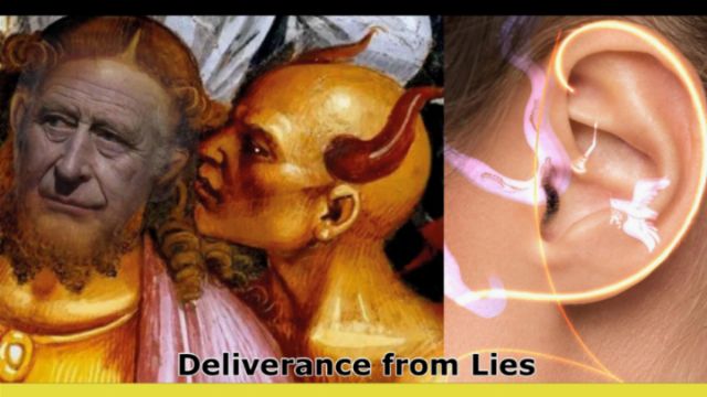 A composite image divided into two segments. On the left, a detailed classical painting depicting a humanoid figure with horns whispering into the ear of another elderly figure, representing a scene of influence or deceit. On the right, a close-up of a human ear with a faint outline of the same whispering figure superimposed, illustrating the concept of being misled or tempted. The bottom of the image has the text &ldquo;Deliverance from Lies.&rdquo; Opens a new window with the video.