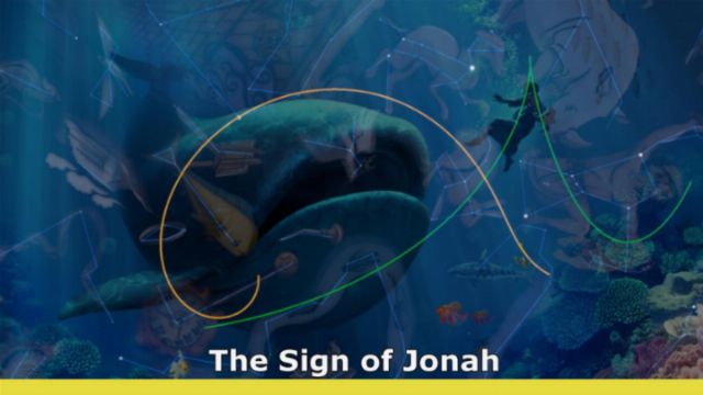 A graphic depiction of ''The Sign of Jonah&rdquo; featuring a large whale surrounded by various sea creatures and symbols, overlaid with cosmic-style lines and shapes. Opens a new window with the video.