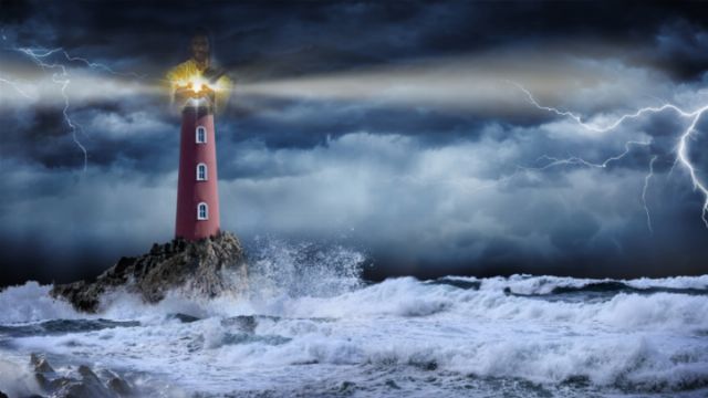 A surreal scene depicts a stormy sea with crashing waves around a rocky islet, on which stands a tall red and white lighthouse. Above the lighthouse, amidst dark clouds and multiple lightning strikes, a luminous figure holds a glowing sphere that radiates beams of light. Opens a new window with the video.