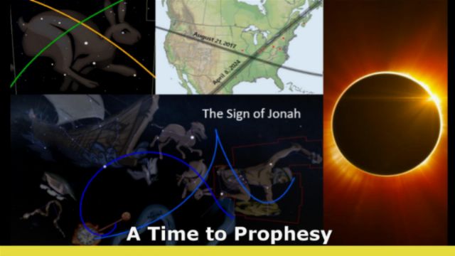 A collage of images including a constellation map, a USA map highlighting the path of the 2017 total solar eclipse, artistic representations of medieval celestial configurations, and an image of a solar eclipse showing the sun obscured by the moon with a glowing corona. Text overlay reads &ldquo;The Sign of Jonah&rdquo; and &ldquo;A Time to Prophesy&rdquo;. Opens a new window with the video.