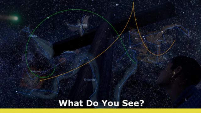 An illustration of a man gazing upwards at a vivid starry sky where constellations are outlined and named, including Columba and Orion. The caption &ldquo;What Do You See?&rdquo; invites viewers to explore the visible patterns in the Mazzaroth. Opens a new window with the video.
