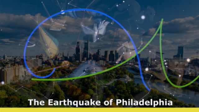 A digitally manipulated image showing the Philadelphia skyline at night, overlaid with colorful abstract lines and translucent images of hands and a shell. The caption &ldquo;The Earthquake of Philadelphia&rdquo; is displayed at the bottom. Opens a new window with the video.