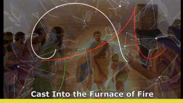 Illustration depicting several figures in colorful ancient attire being thrown into a fiery furnace, overlaid with a complex geometric diagram resembling the celestial paths of the Mazzaroth. Opens a new window with the video.