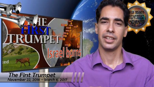 A composite image featuring a man in a purple shirt speaking, with a graphic overlay mentioning &ldquo;The First Trumpet, Israel burns&rdquo; dated November 22, 2016 - March 6, 2017. The graphic includes visuals of a burning landscape and a galloping horse, with celestial bodies and a satellite in the background. Opens a new window with the video.