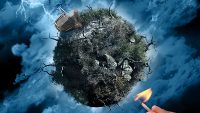 A surreal image depicting a small, lush island floating in the sky amid storm clouds, with a wooden ship wrecked on one side and a human hand holding a lit match towards it. Opens a new window with the video.