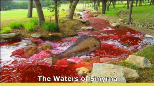 A digitally edited image depicting a large fish laying in a red-tinted stream flowing through a verdant park with trees lining the banks. The caption &ldquo;The Waters of Smyrna&rdquo; is overlayed at the bottom. Opens a new window with the video.