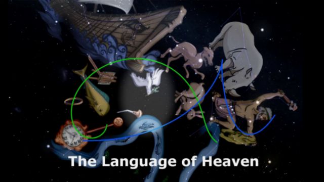 An artistic depiction of various celestial figures set against a starry space background, with a circular green outline connecting them, entitled &ldquo;The Language of Heaven.&rdquo; Opens a new window with the video.