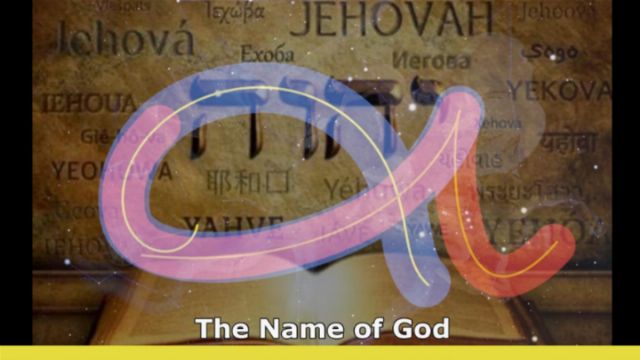 An abstract composition featuring the name &ldquo;Jehovah&rdquo; written in various scripts, overlaid with a translucent illustration resembling a symbol from the Mazzaroth, set against a cosmic-styled background. Opens a new window with the video.