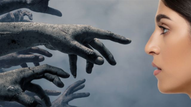 A side profile of a woman's face against a muted blue background with several stone-like hands reaching toward her from the left, evoking a celestial sense of cosmic interaction akin to Mazzaroth. Opens a new window with the video.