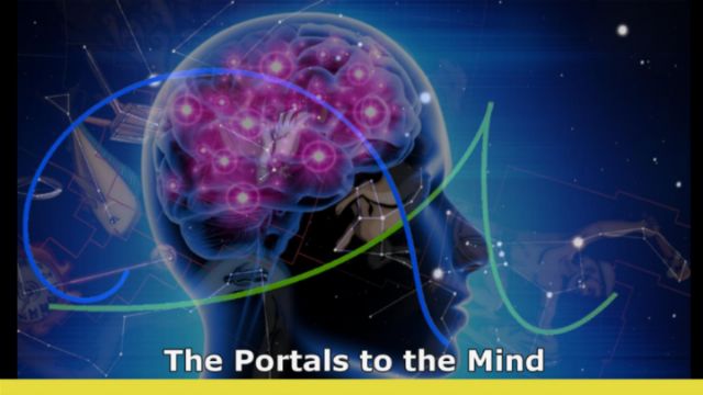 Digital artwork depicting a transparent human head with a visible brain illuminated by pink lights, set against a cosmic background with celestial bodies and faint outlines of a nebula. Swirling green and blue lines envelop the brain, and the phrase &ldquo;The Portals to the Mind&rdquo; is displayed at the bottom. Opens a new window with the video.