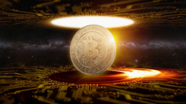 A luminous depiction of a Bitcoin, backlit by a radiant light source resembling a stellar event, floating above a dynamic surface that hints at digital technology. Star clusters and cosmic matter subtly fill the dark background, evoking the vastness of the universe. Opens a new window with the video.