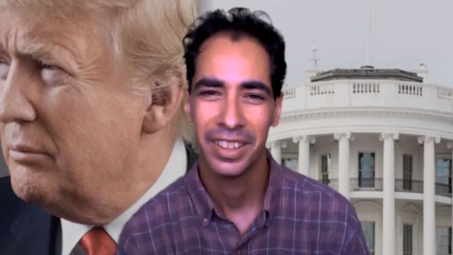 A composite image featuring two men and the White House in the background. On the left, a profile view of a man with light skin and blond hair, wearing a dark suit with a blue tie. In the center, a man with tan skin and dark, wavy hair, wearing a purple checked shirt, smiles at the camera. The White House is shown in faded detail in the background. Opens a new window with the video.