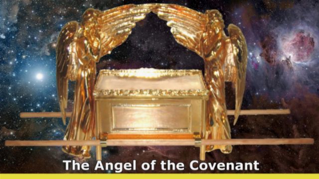 A golden representation of the Ark of the Covenant, flanked by two sculpted angels with outstretched wings, set against a backdrop of stars and celestial bodies within the vast expanse of space. Opens a new window with the video.