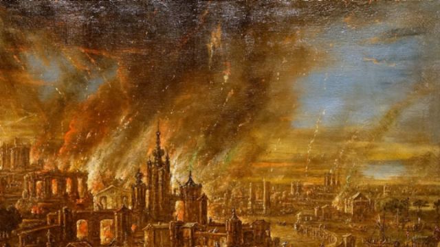 An oil painting depicts a cityscape at dusk, illuminated by a vivid display of celestial events, including a comet streaking across a dramatically cloudy sky. The city features detailed architecture with numerous spires and domes, bathed in an ambient, eerie glow. Opens a new window with the video.