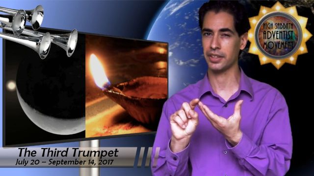 A man in a purple shirt communicates using sign language in a video titled &ldquo;The Third Trumpet,&rdquo; dated July 20 to September 14, 2017. The background features celestial imagery including a crescent moon, a telescope, and a burning asteroid, alongside text related to the High Sabbath Adventist Movement. Opens a new window with the video.