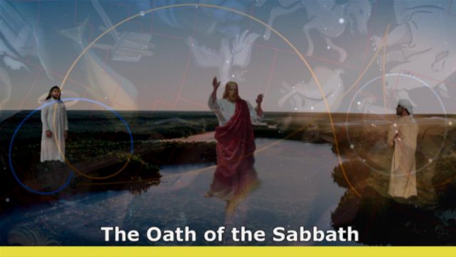 A visually complex collage showing three figures in biblical attire standing in vast landscapes under a celestial map with constellations of the Mazzaroth. The central figure is depicted with arms raised in a gesture of proclamation above a caption that reads &ldquo;The Oath of the Sabbath.&rdquo; Opens a new window with the video.
