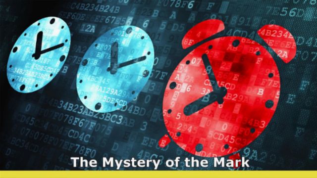 Three translucent clock faces in blue, red, and teal are overlaid on a backdrop of black with a digital binary code. Each clock features numbers scattered in non-traditional orders and positions. The phrase &ldquo;The Mystery of the Mark&rdquo; is prominently displayed at the bottom of the image, suggesting a theme of time and digital mysteries. Opens a new window with the video.