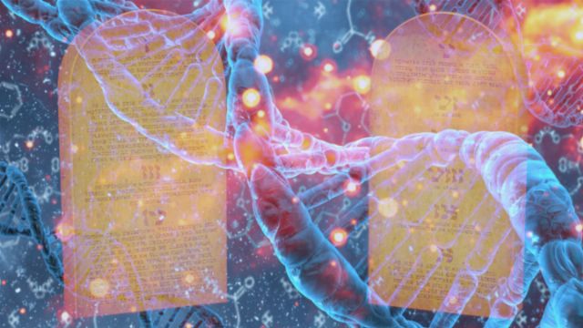 A digital collage portraying intertwined DNA strands with floating ancient manuscripts in the background. Radiant particles and subtle cosmic motifs enhance the molecular and celestial theme. Opens a new window with the video.