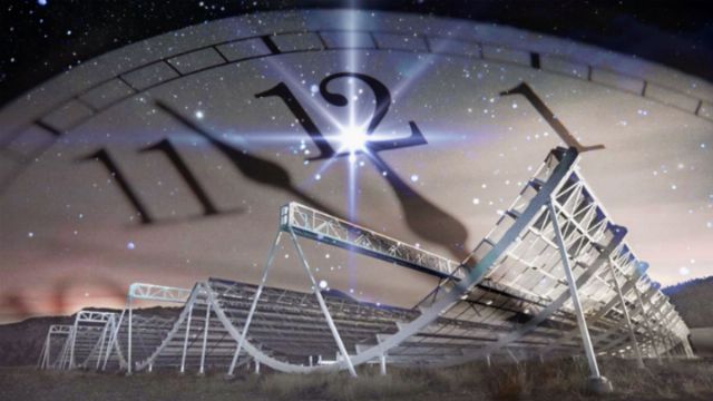A large celestial clock overlaying a night sky image with silhouetted mountain terrain. The clock features numbers one through twelve, highlighted by beams of light emanating from a bright star at the center. In the foreground, metallic scaffolding architectures are visible, suggesting an observatory under construction. Opens a new window with the video.