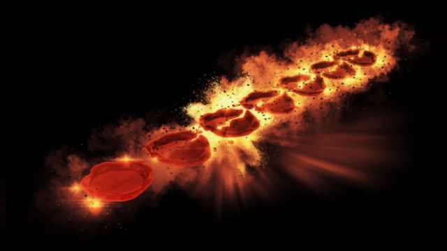 A digital artistic depiction showing a sequence of glowing orange celestial bodies aligned in a diagonal pattern across a dark background, radiating intense light and surrounded by a nebulous dust. Opens a new window with the video.