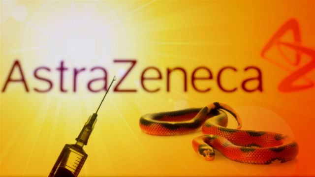 A vivid graphic featuring the logo of AstraZeneca with a syringe positioned to its left and a coiled red and black serpent to the right, set against a radiant yellow background. Opens a new window with the video.