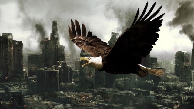 A bald eagle flies dynamically above a gloomy cityscape with tall skyscrapers partially enshrouded in smoke and clouds. Opens a new window with the video.