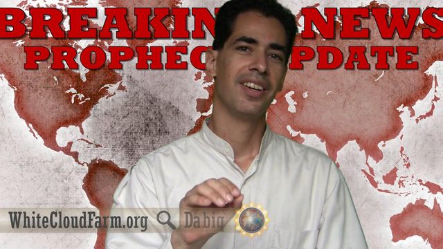 A man in a white robe smiles, gesturing with his hand toward the camera, against a backdrop displaying the world map in red shades and the words &ldquo;BREAKING NEWS PROPHECY UPDATE.&rdquo; The logos &ldquo;WhiteCloudFarm.org&rdquo; and &ldquo;Dabiq&rdquo; are visible, along with a small colorful emblem resembling a celestial design related to the Mazzaroth. Opens a new window with the video.
