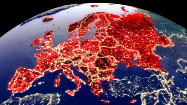 A satellite perspective view of Earth highlighting the European continent, showing densely clustered red lights against a backdrop of nighttime darkness, symbolizing human activities or population density. Opens a new window with the video.