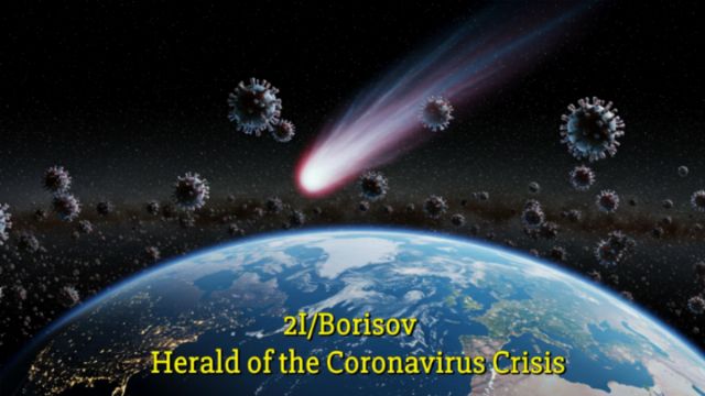 An artistic depiction of the Earth viewed from space, surrounded by several spherical shapes representing viruses. In the foreground, a comet with a bright tail is shown approaching the planet, while the text &ldquo;21/Borisov Herald of the Coronavirus Crisis&rdquo; is displayed at the bottom, suggesting a connection between the comet and the recent pandemic. Opens a new window with the video.