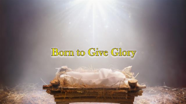 A softly illuminated scene featuring a wooden manger filled with hay and a cloth draped over it. Above the manger, the text &ldquo;Born to Give Glory&rdquo; is displayed in a bright, golden font, with rays of light shining down, creating a serene and uplifting atmosphere. Opens a new window with the video.