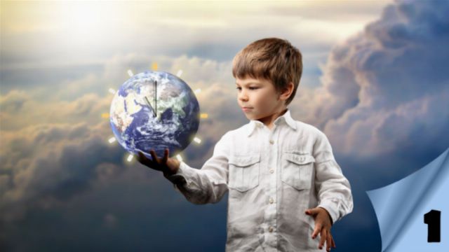 A young boy in a white shirt holds a glowing globe displaying various natural scenes and a clock face, symbolizing the stewardship of creation, set against a backdrop of clouds illuminated by sunlight. Opens a new window with the video.