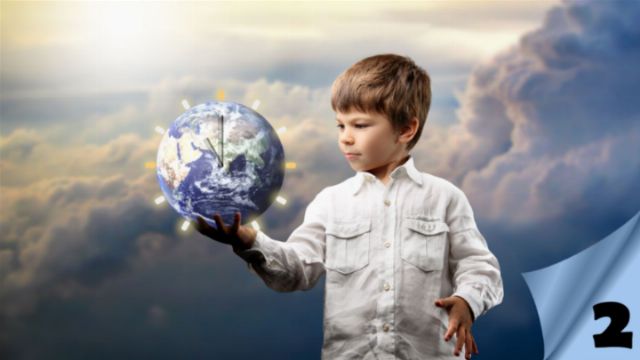 A young boy in a white shirt holds a glowing globe with clock faces superimposed over continents, symbolizing the passage of time across the nations from a biblical perspective. He stands against a backdrop of a cloudy sky illuminated by sunlight. Opens a new window with the video.