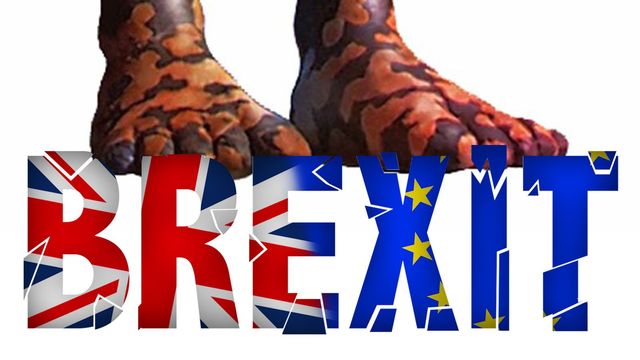 A graphic image depicting the word &ldquo;BREXIT&rdquo; in bold letters, styled with the British flag merging into a background of the European Union flag, overlaid with a pair of boots adorned in a military camouflage pattern stepping down on the word. Opens a new window with the video.