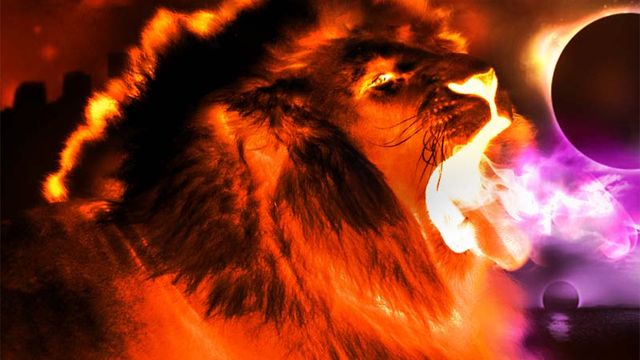 A vibrant digital artwork depicting a majestic lion with a fiery mane, breathing out a purple flame. In the backdrop, a dark celestial body akin to an eclipse, contrasts strikingly with the orange and yellow hues surrounding the lion. Opens a new window with the video.
