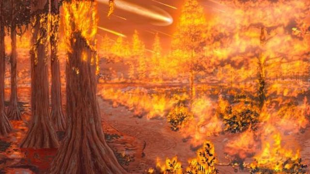 A digital artistic depiction of a celestial event impacting a forest. Large trees, ablaze with fire, dominate the foreground, while across the landscape, trails of fire rain down from the sky. The scene conveys a fiery cataclysm amid a reddish-orange glow. Opens a new window with the video.