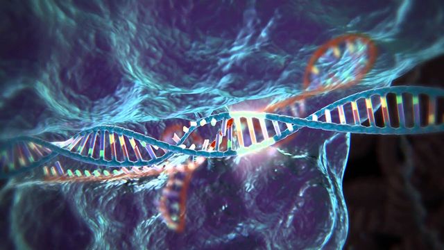 A representation of a DNA double helix in a cosmic-like environment, with vibrant hues of blue and purple swirling in the background, symbolizing the intricacies of life woven into the fabric of the universe. Opens a new window with the video.
