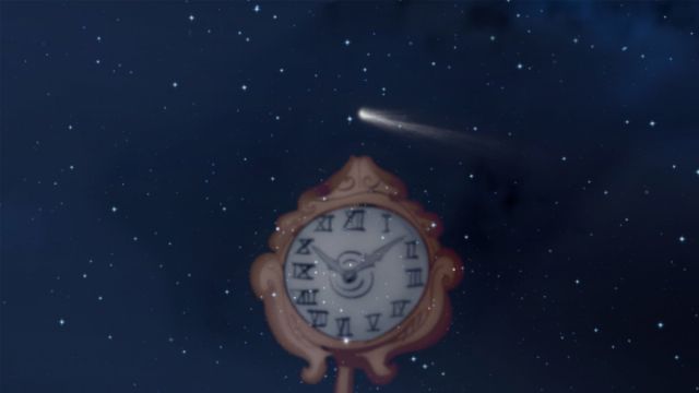 An antique clock with Roman numerals floating against a starry night sky, illuminated by a shooting star trailing across the heavens. Opens a new window with the video.