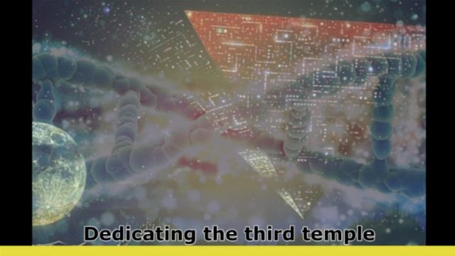 An artistic depiction of a cosmic event featuring a celestial body and nebulous constellations alongside symbolic structures representing the dedication of a temple. The universe is depicted with sparkling stars and cloud-like formations, along with a stylized genetic structure in the foreground. Opens a new window with the video.