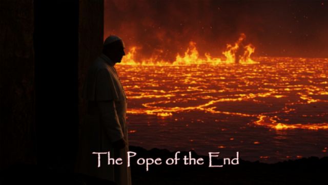 A figure dressed in papal robes stands in profile, silhouetted against a dramatic backdrop of a fiery landscape resembling molten lava. The scene conveys a sense of foreboding, with warm colors dominating the horizon. Opens a new window with the video.