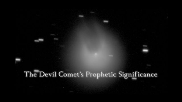 A black and white astronomical image showing a bright celestial body with a distinct tail, resembling a comet, surrounded by multiple smaller celestial bodies against a dark background. Overlaid text reads &ldquo;The Devil Comet's Prophetic Significance.&rdquo; Opens a new window with the video.