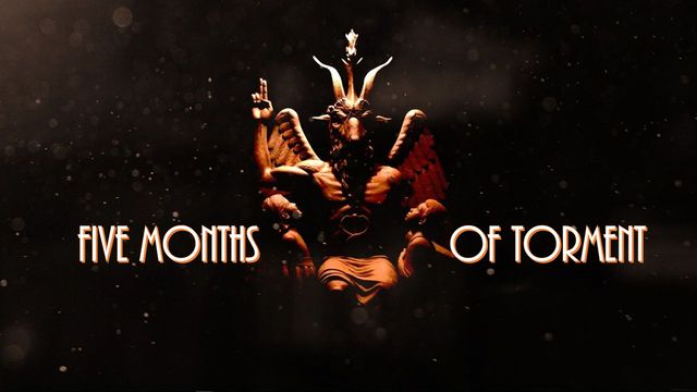 A dramatic illustration of a mythical creature with multiple pairs of wings and crowned, set against a cosmic backdrop, positioned above text that reads &ldquo;Five Months of Torment.&rdquo; Opens a new window with the video.