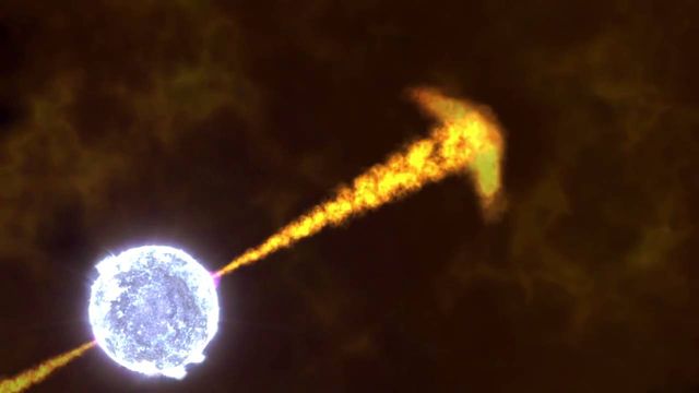 Illustration of a celestial event featuring a radiant white star ejecting a fiery plasma trail that arcs through a dark, clouded sky. Opens a new window with the video.