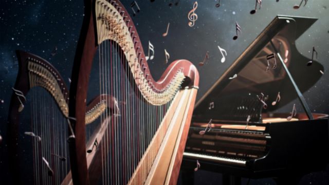 A close-up view of two musical instruments: a harp and a grand piano. The harp is positioned prominently on the left, showcasing its strings and wooden frame. Floating musical notes are scattered around, set against a starry backdrop that evokes a celestial theme. Opens a new window with the video.
