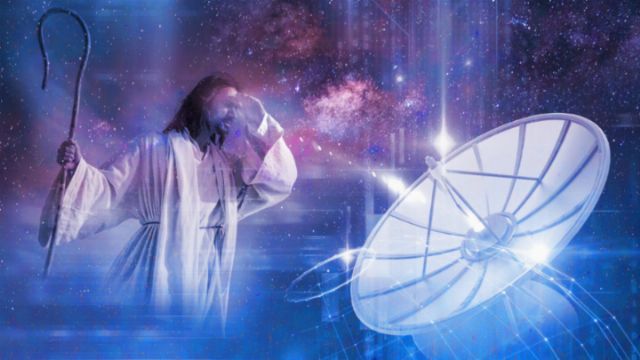 A depiction of a shepherd holding a crook, gazing thoughtfully at the Mazzaroth, accompanied by large astronomical antennas symbolizing modern exploration of the cosmos. A vivid cosmic background with stars and nebulae enhances the mystical yet scientific ambiance. Opens a new window with the video.