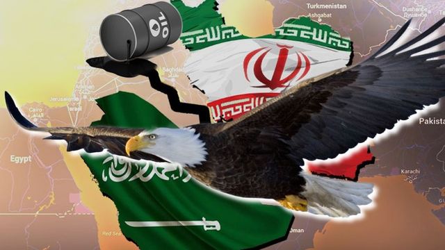 A graphic depiction showcasing an eagle carrying three national flags in its talons and beak over a map of the Middle East. The flags are of Saudi Arabia, Iran, and Iraq. The eagle also grasps a metallic oil barrel, symbolizing economic interests in the region. Opens a new window with the video.