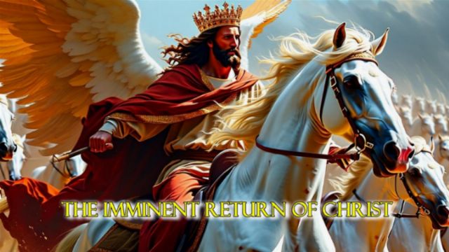 A majestic figure riding a white horse, adorned in royal garments and a golden crown, leads a celestial army with wings. The background features a bright sky filled with light, symbolizing a divine presence. The text at the bottom reads, &ldquo;THE IMMINENT RETURN OF CHRIST.&rdquo; Opens a new window with the video.