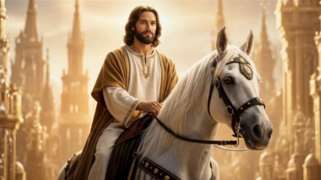 A figure resembling a historical religious leader rides a majestic white horse. He is dressed in flowing robes, with long hair and a beard. The background features towering structures, giving an impression of a grand, celestial city illuminated by a golden light. Opens a new window with the video.