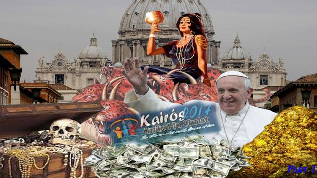 A complex and vibrant digital collage showcasing a figure resembling a spiritual character, holding aloft a cup of fire, seated upon a scarlet beast overlaid on an image of St. Peter's Basilica. The foreground features a mix of symbols of wealth and mortality including coins, a human skull, and stacks of money. To the right, an image of Pope Francis is smiling and reaching out his hand towards the viewer, with an image of gold nuggets nearby. The collage also includes advertising for a spiritual event set in 2017. Opens a new window with the video.
