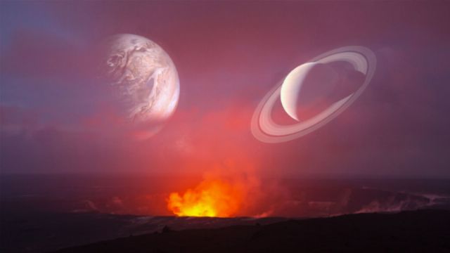 A dramatic depiction of two planets in the celestial field, one resembling Earth and another with prominent rings similar to Saturn, hovering over a volcanic eruption bathing the landscape in a fiery glow under a hazy, reddened sky. Opens a new window with the video.